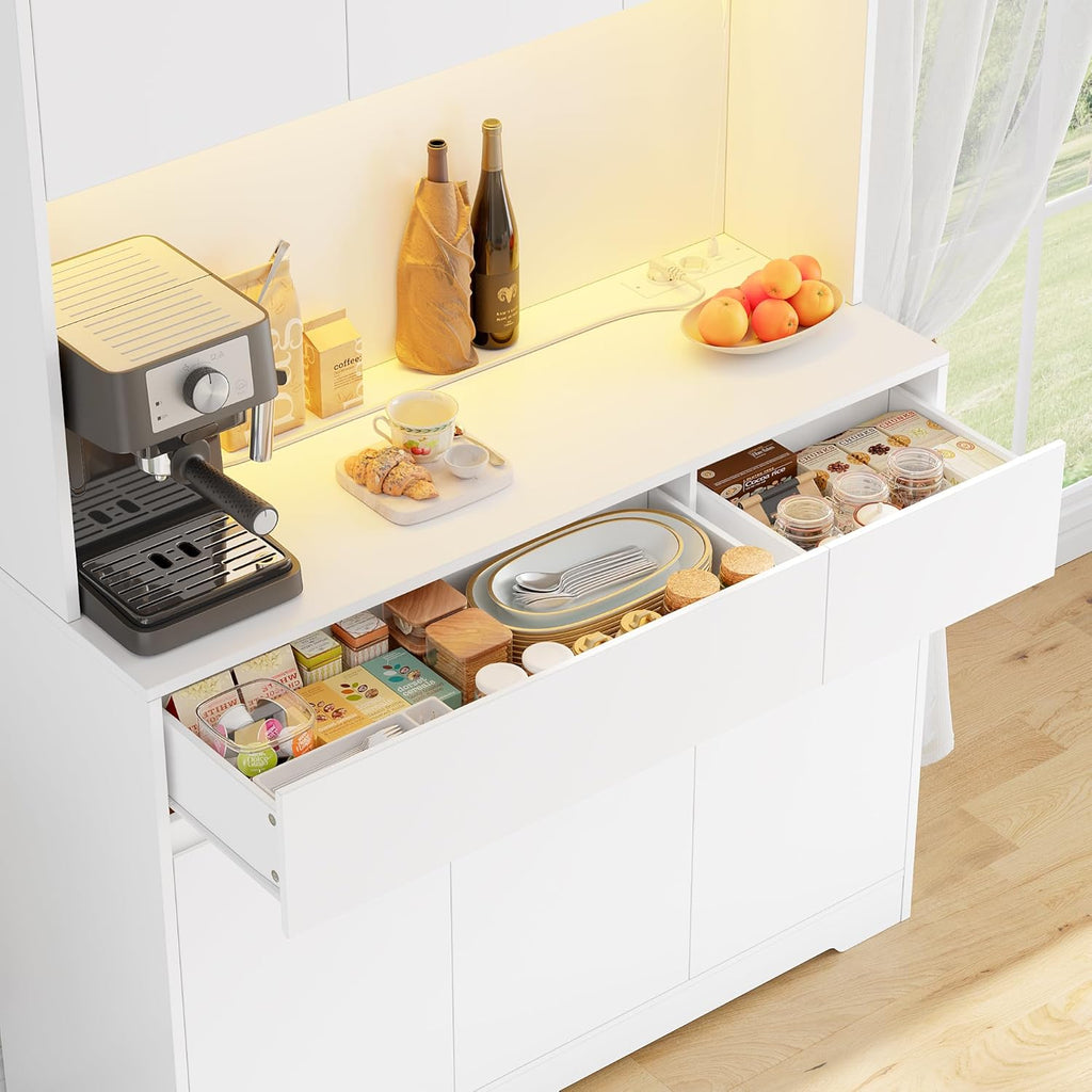 FirFurd Küchenschrank Buffetschrank Weiß 180x100x38,5 cm – Sideboard mit LED, Steckdose, Arbeitsplatte, Türen & Schubladen
