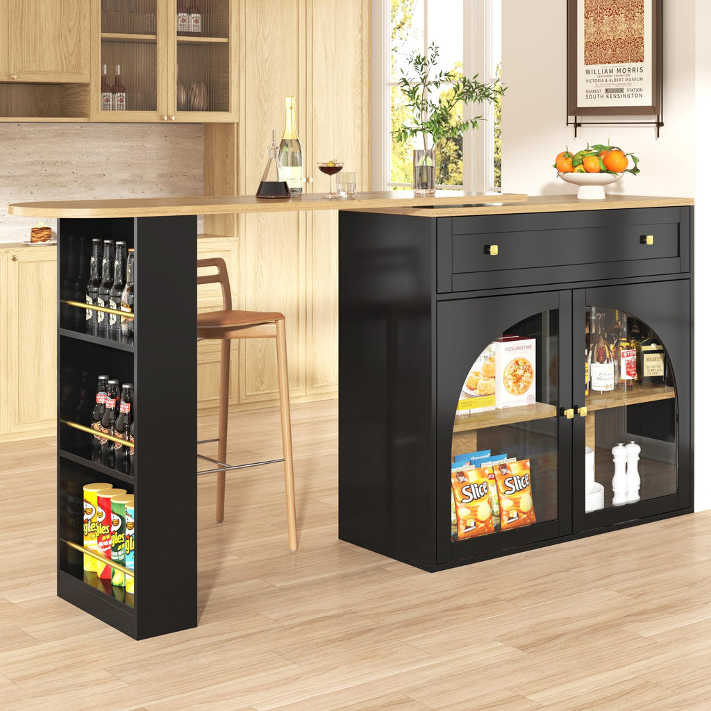Merax Ausziehbarer Bartisch mit Stauraum, 360° drehbarer Beweglicher Bartisch Küchentheke Kücheninsel Kaffeeecke, mit Offene Ablagefächer, Glasschiebetür, Weiß/120-180 x 45 x 103 cm