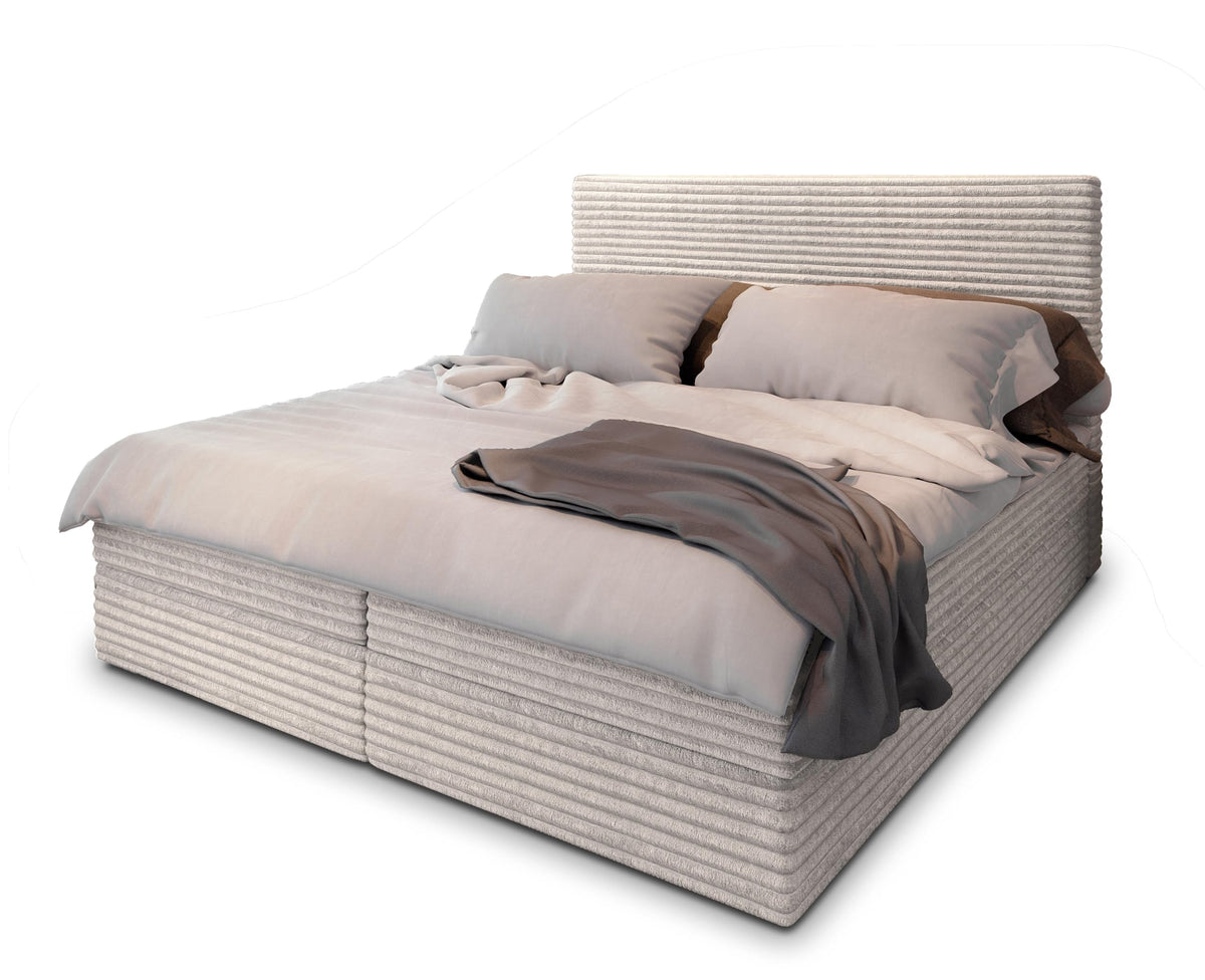 Masseno Boxspringbett PISA Creme mit Matratze & Topper, Polsterbett mit Bettkasten und gepolstertem Kopfteil