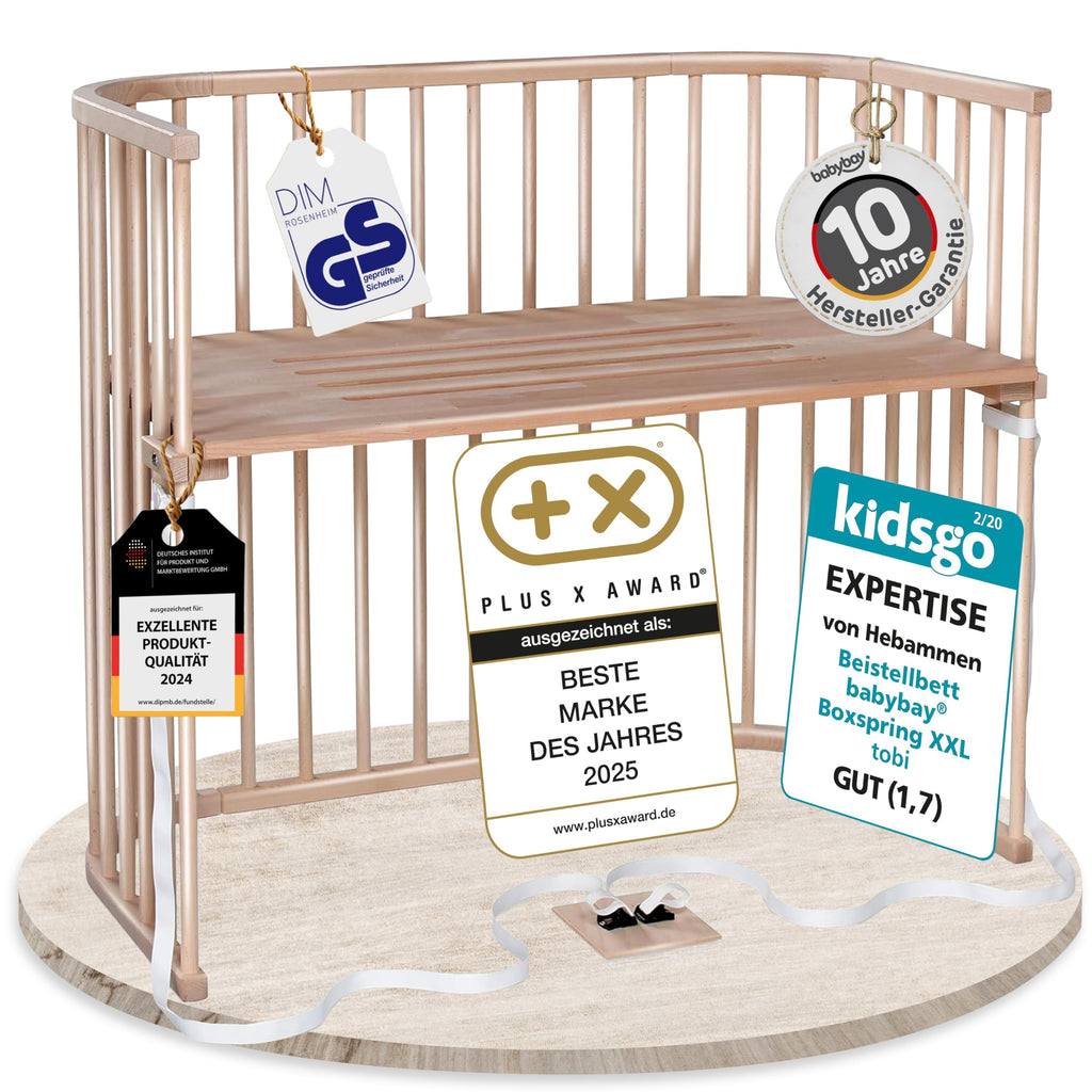 babybay Original Beistellbett aus massivem Buchenholz mit Matratze, höhenverstellbares Babybett für Neugeborene