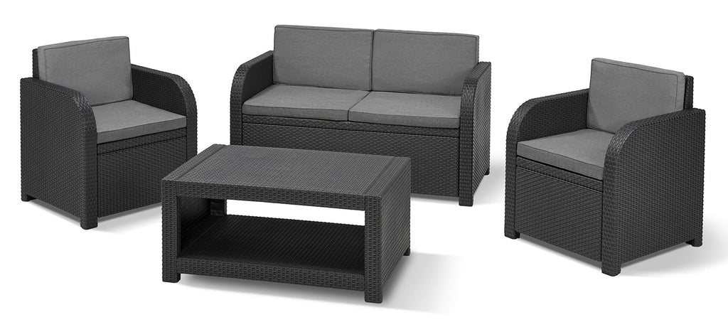 Keter Merano Gartenmöbel Set 4-teilig Grau mit Sitzkissen – Gartenlounge mit Sofa, 2 Sesseln & Tisch für Garten und Terrasse