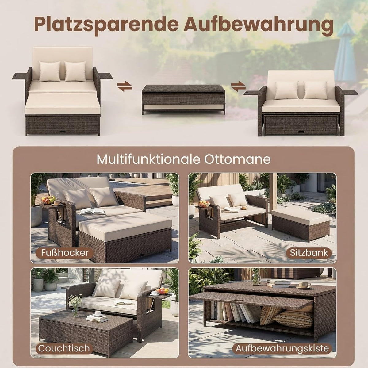 GIANTEX Rattan Lounge Gartenmöbel Set 2-Sitzer mit Doppelliege & Hocker, Outdoor Sofa mit Stauraum, verstellbar für Balkon & Terrasse