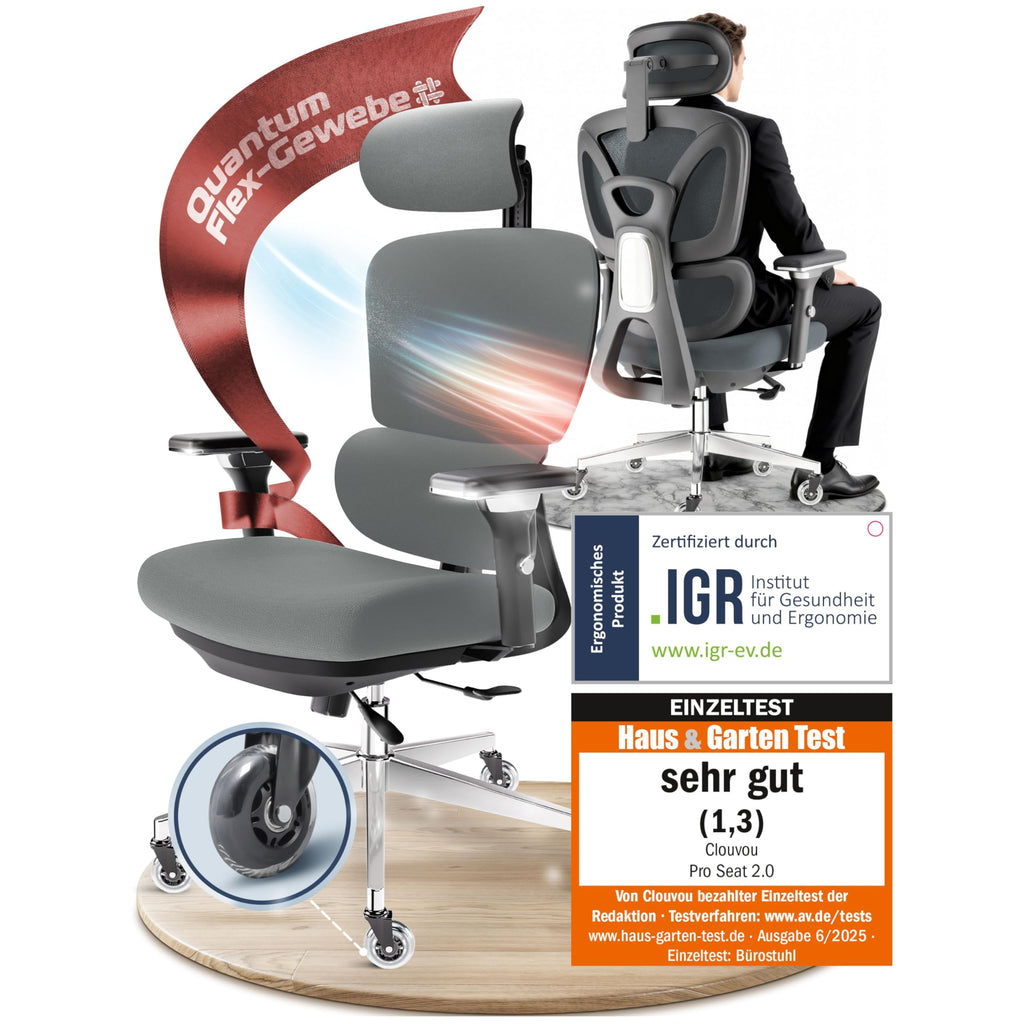 CLOUVOU BrightSeat Ergonomischer Bürostuhl Schwarz bis 150 kg – Schreibtischstuhl mit Kopfstütze, Lendenstütze & 2D Armlehnen