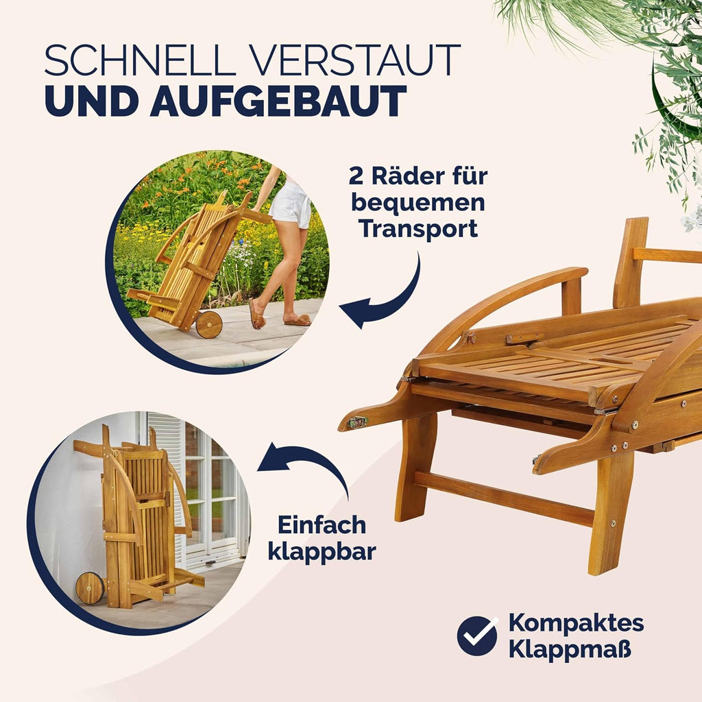 Casaria Sonnenliege 2er Set aus Akazienholz, Braun, klappbare Gartenliege mit Rädern & Ausziehtisch, 195 x 59 cm