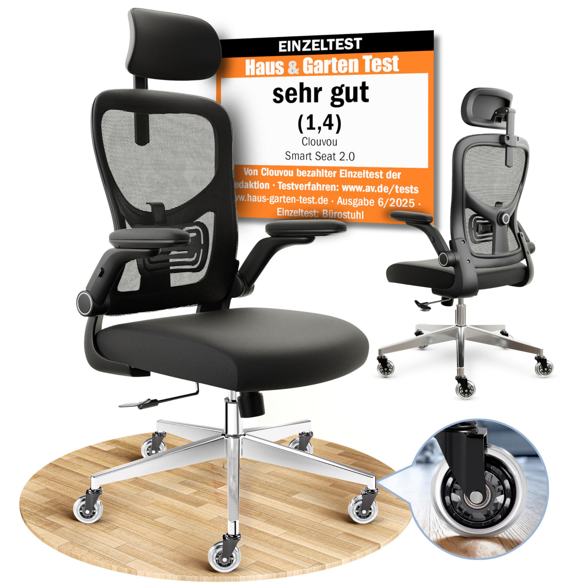 CLOUVOU BrightSeat Ergonomischer Bürostuhl Schwarz bis 150 kg – Schreibtischstuhl mit Kopfstütze, Lendenstütze & 2D Armlehnen