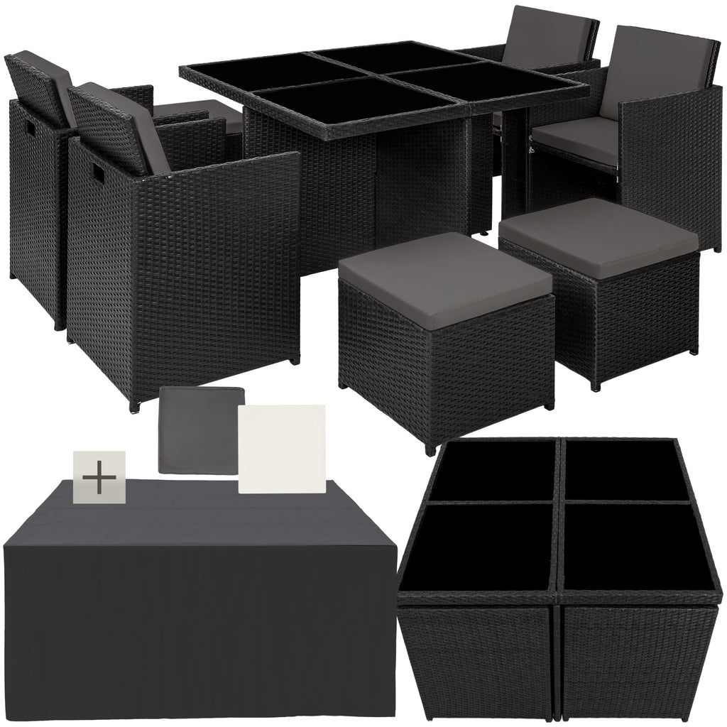tectake Rattan Lounge Set mit Aluminiumgestell, 4 Stühle, 4 Hocker & Glastisch Wetterfeste Gartenmöbel