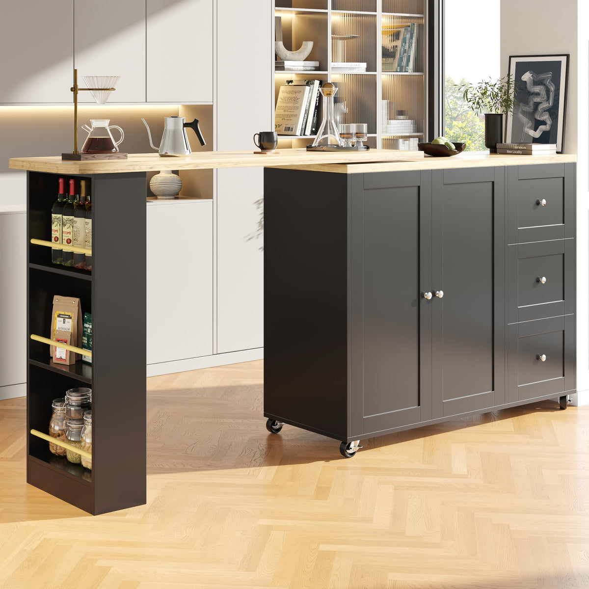 Merax Ausziehbarer Bartisch mit Stauraum, 360° drehbarer Beweglicher Bartisch Küchentheke Kücheninsel Kaffeeecke, mit Offene Ablagefächer, Glasschiebetür, Weiß/120-180 x 45 x 103 cm
