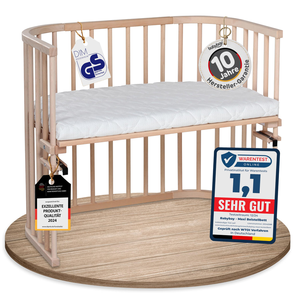 babybay Original Beistellbett aus massivem Buchenholz mit Matratze, höhenverstellbares Babybett für Neugeborene