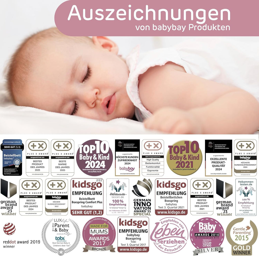babybay Original Beistellbett aus massivem Buchenholz mit Matratze, höhenverstellbares Babybett für Neugeborene