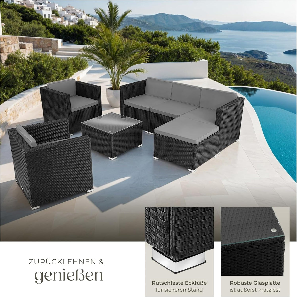 tectake Gartenmöbel Set Poly Rattan mit Sofa, Sesseln, Hocker & Tisch, modulare Gartenlounge wetterfest für Garten, Terrasse & Balkon