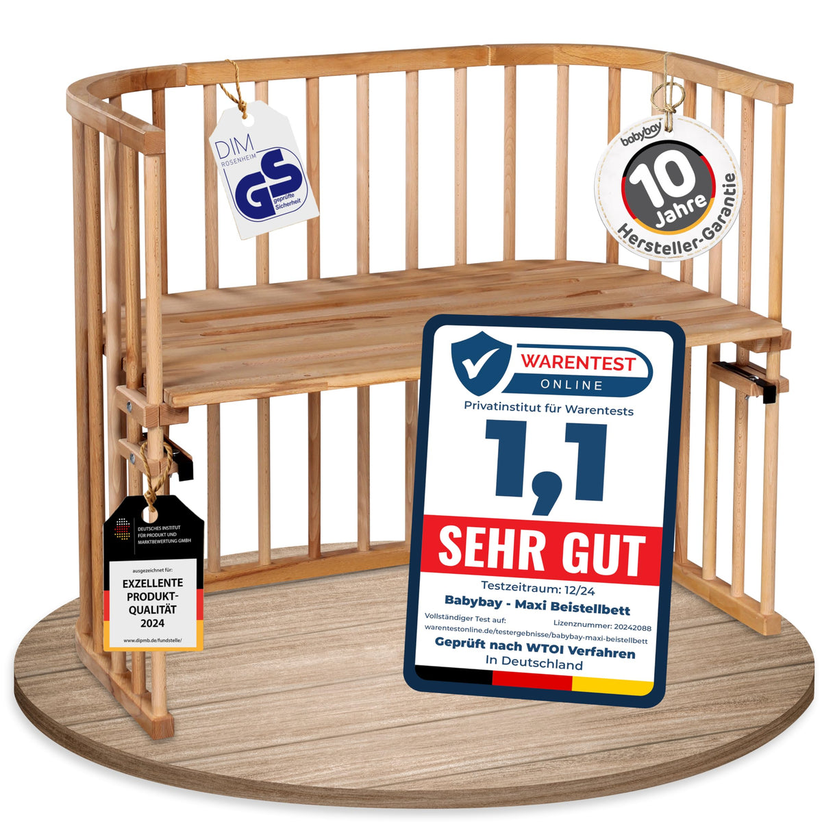 babybay Original Beistellbett aus massivem Buchenholz mit Matratze, höhenverstellbares Babybett für Neugeborene