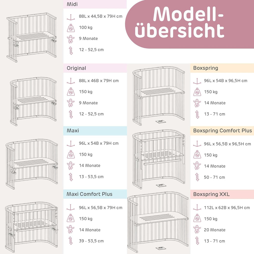 babybay Original Beistellbett aus massivem Buchenholz mit Matratze, höhenverstellbares Babybett für Neugeborene
