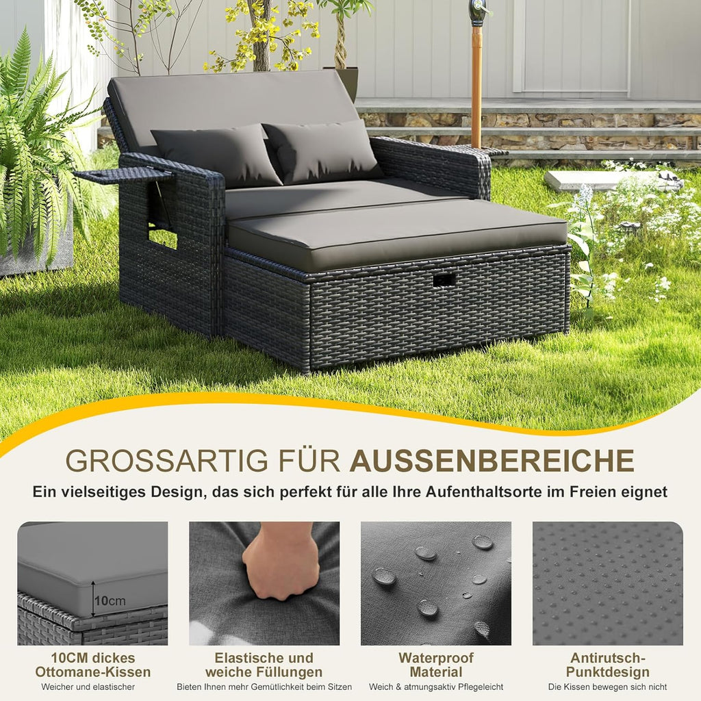 UDPATIO Rattan Lounge Sofa 2-Sitzer Grau mit Hocker & Stauraum, verstellbare Rückenlehne, Gartenmöbel Set aus PE-Rattan für Balkon & Terrasse