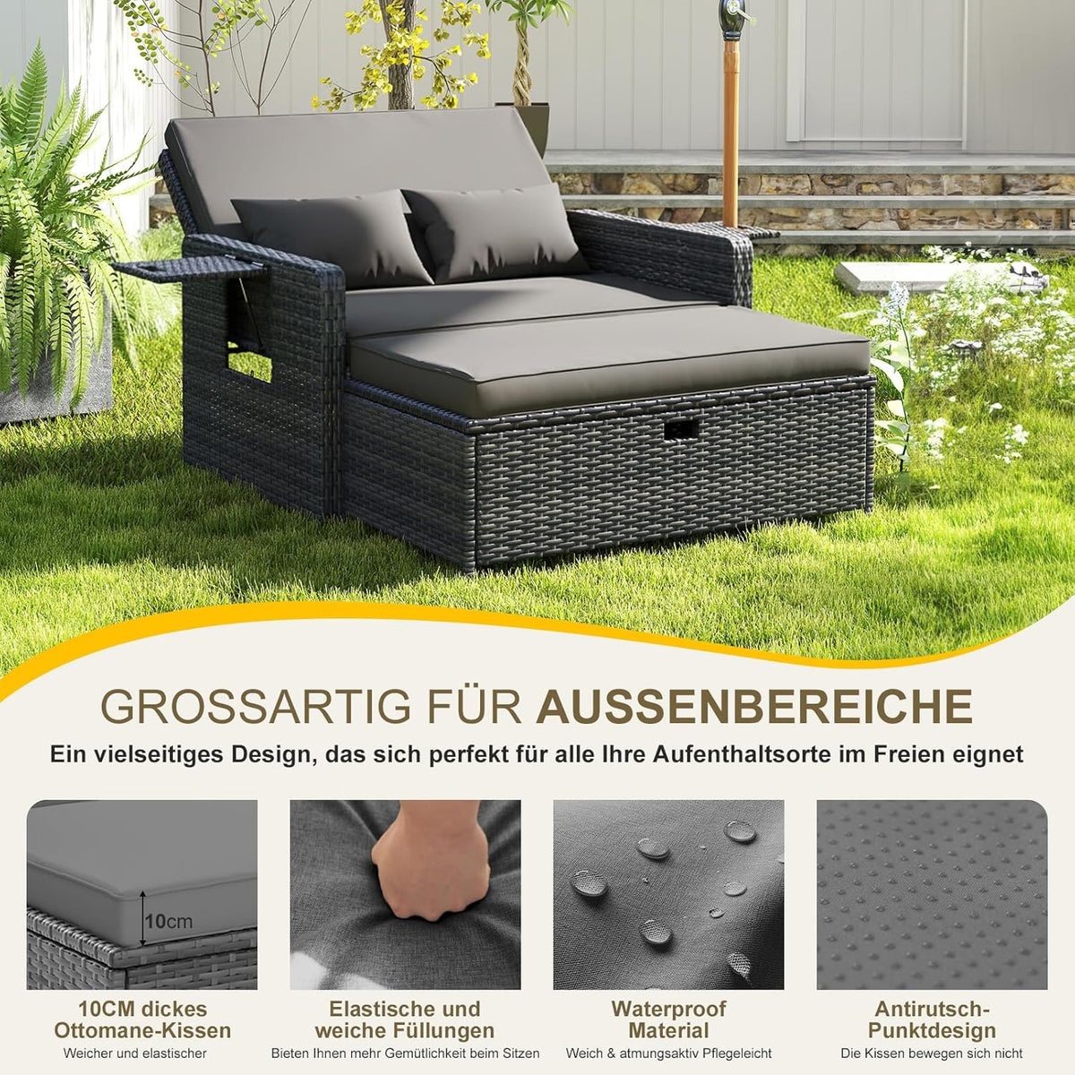 UDPATIO Rattan Lounge Sofa 2-Sitzer Grau mit Hocker & Stauraum, verstellbare Rückenlehne, Gartenmöbel Set aus PE-Rattan für Balkon & Terrasse