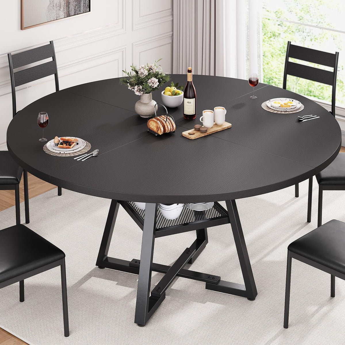 Jocoevol Esstisch Runder für 2–4 Personen, Esszimmertisch mit Ablage, platzsparender Küchentisch aus Holz im Industrial Design (Schwarz, 107x107x76cm)