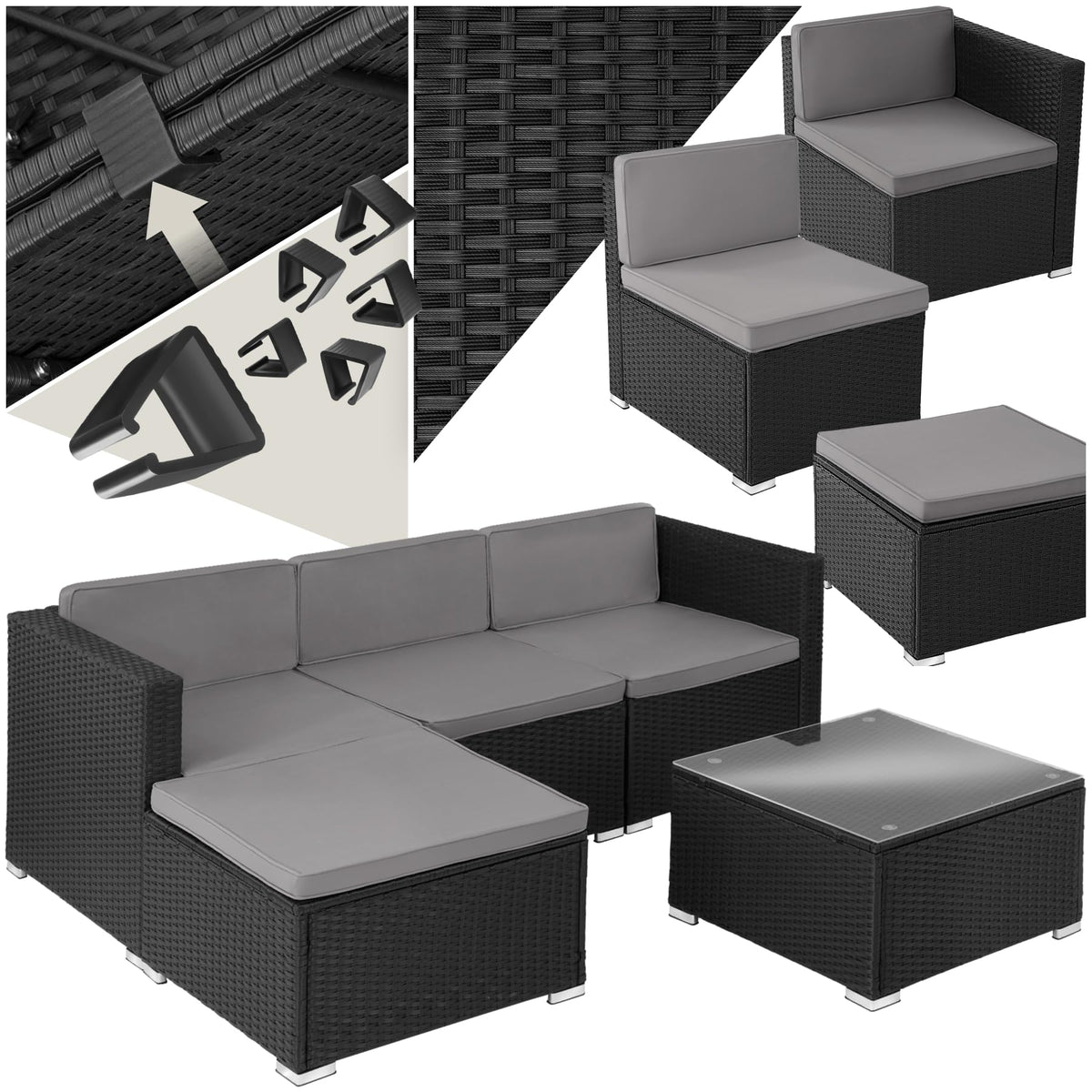 tectake Gartenmöbel Set Poly Rattan mit Sofa, Sesseln, Hocker & Tisch, modulare Gartenlounge wetterfest für Garten, Terrasse & Balkon