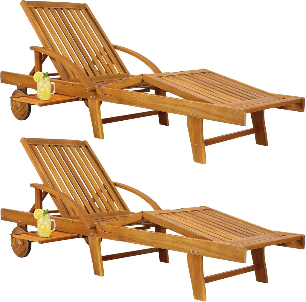 Casaria Sonnenliege 2er Set Akazienholz Braun – Klappbare Gartenliege mit Rädern, Ausziehtisch & verstellbarer Rückenlehne