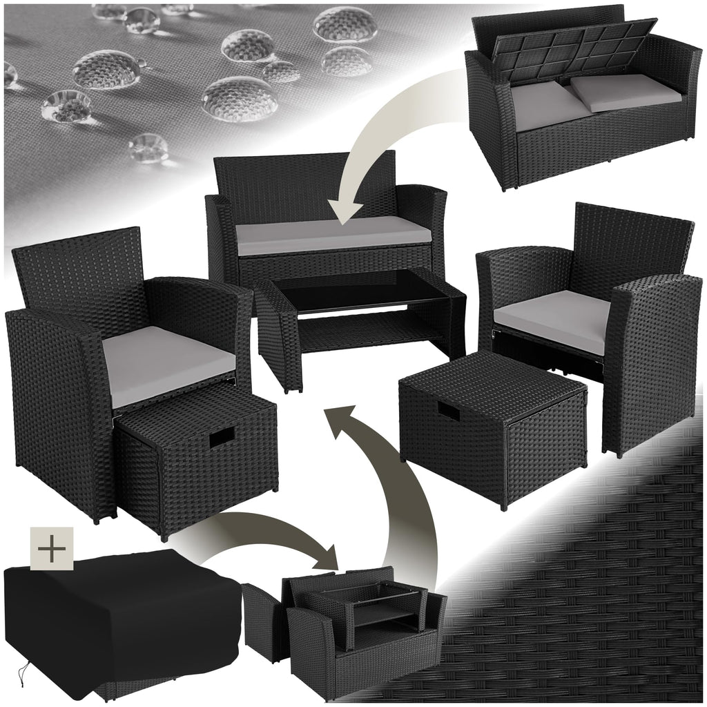 tectake Polyrattan Gartenmöbel Set 4 Personen mit Hocker & Auflagenbox – Garten Lounge Set mit Sofa, Tisch & Kissen für Balkon und Terrasse