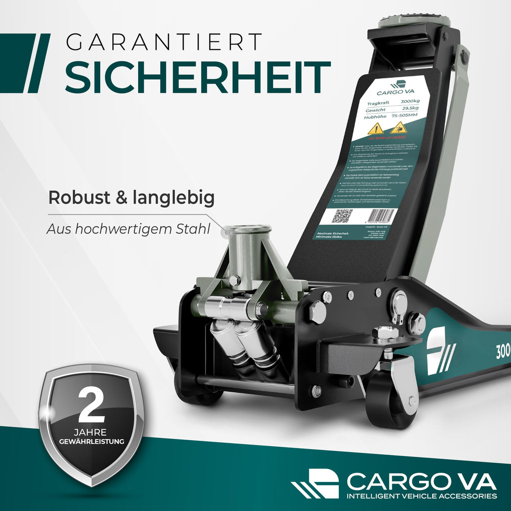 CargoVA Wagenheber 3T hydraulisch | Flacher Wagenheber mit 75-505mm Hubhöhe | Profi-Toolkit inkl. Kniematte & 2X Gummiauflagen | Ideal für SUV & tiefergelegte Autos | Rangierwagenheber Reifenwechsel
