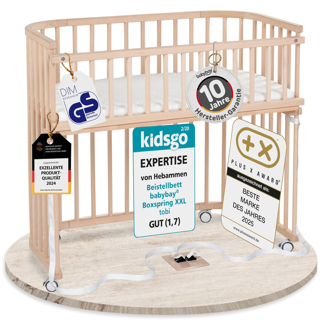 babybay Original Beistellbett aus massivem Buchenholz mit Matratze, höhenverstellbares Babybett für Neugeborene