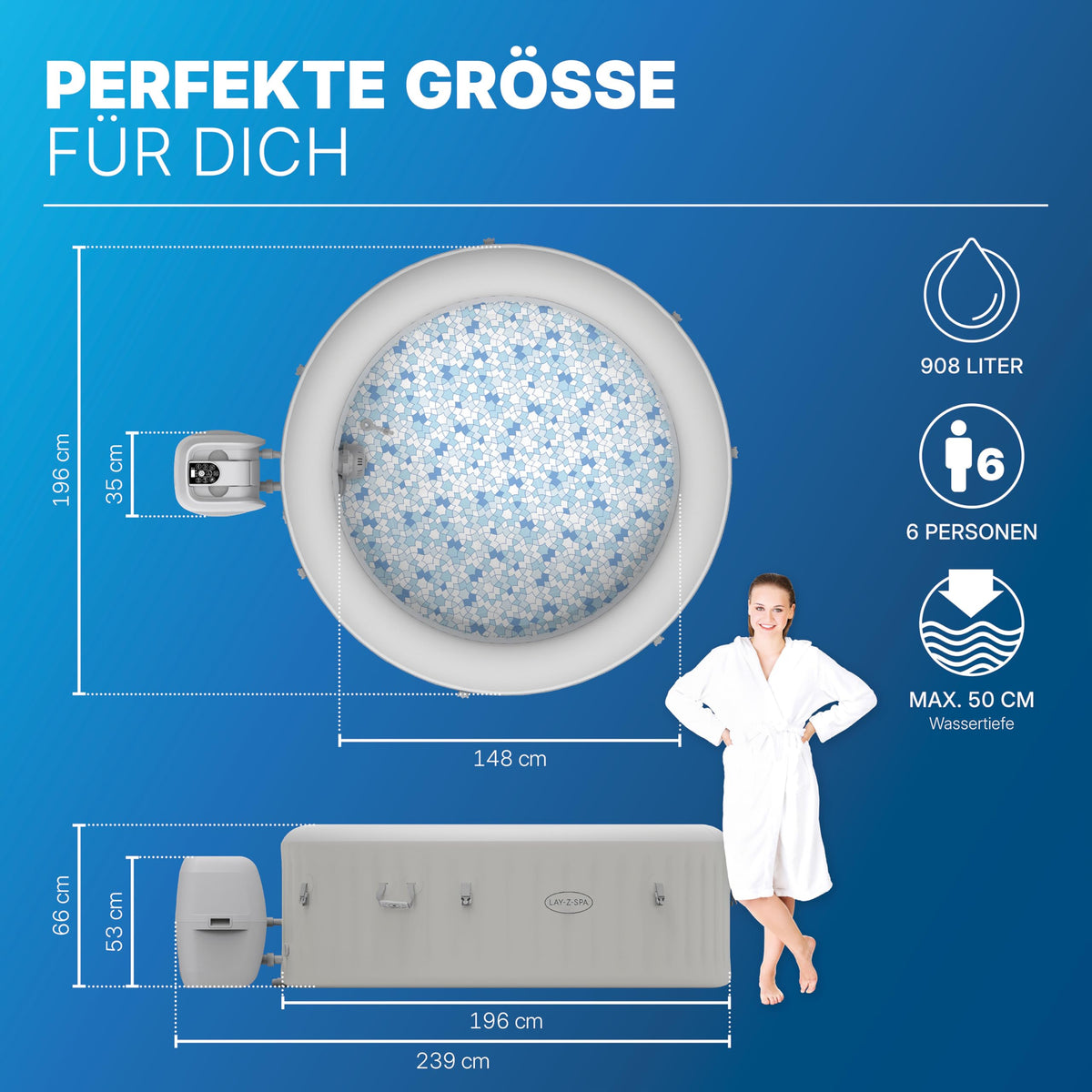 Bestway Lay-Z-SPA Paris AirJet LED-Whirlpool Ø 196 x 66 cm – Aufblasbarer Spa für 6 Personen mit 140 Düsen, beheizbar bis 40°C, stimmungsvolle LED-Beleuchtung für den Garten