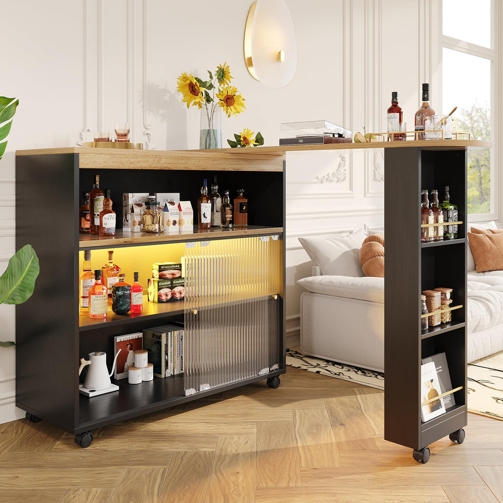 Merax Ausziehbarer Bartisch mit Stauraum, 360° drehbarer Beweglicher Bartisch Küchentheke Kücheninsel Kaffeeecke, mit Offene Ablagefächer, Glasschiebetür, Weiß/120-180 x 45 x 103 cm