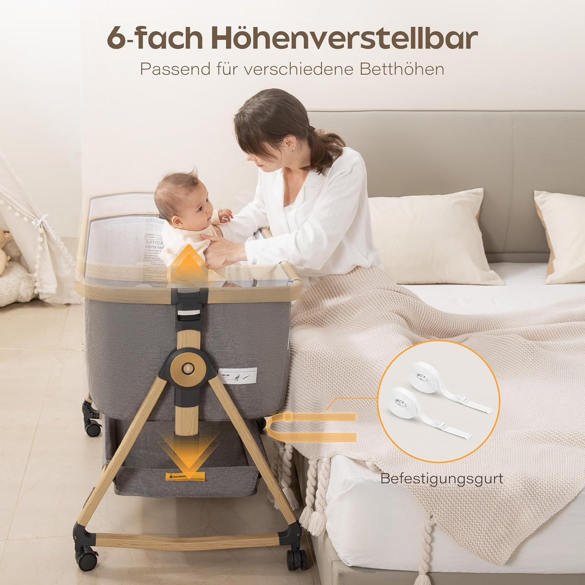 Maydolly 3-in-1 Beistellbett Baby Grau mit Matratze, höhenverstellbares Babybett mit Rollen & Moskitonetz