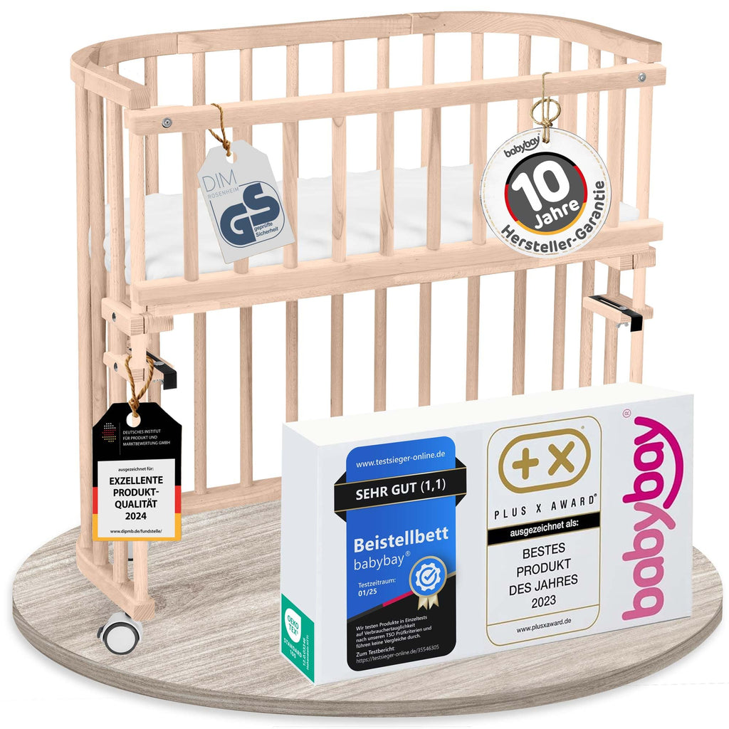 babybay Original Beistellbett aus massivem Buchenholz mit Matratze, höhenverstellbares Babybett für Neugeborene