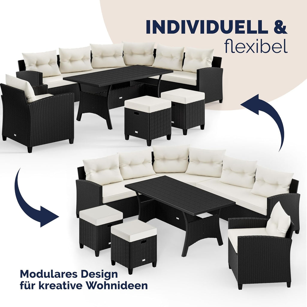 Casaria Polyrattan Ecklounge Set Schwarz für 9 Personen – Gartenmöbel Set mit WPC Tisch, Sessel & 2 Hockern