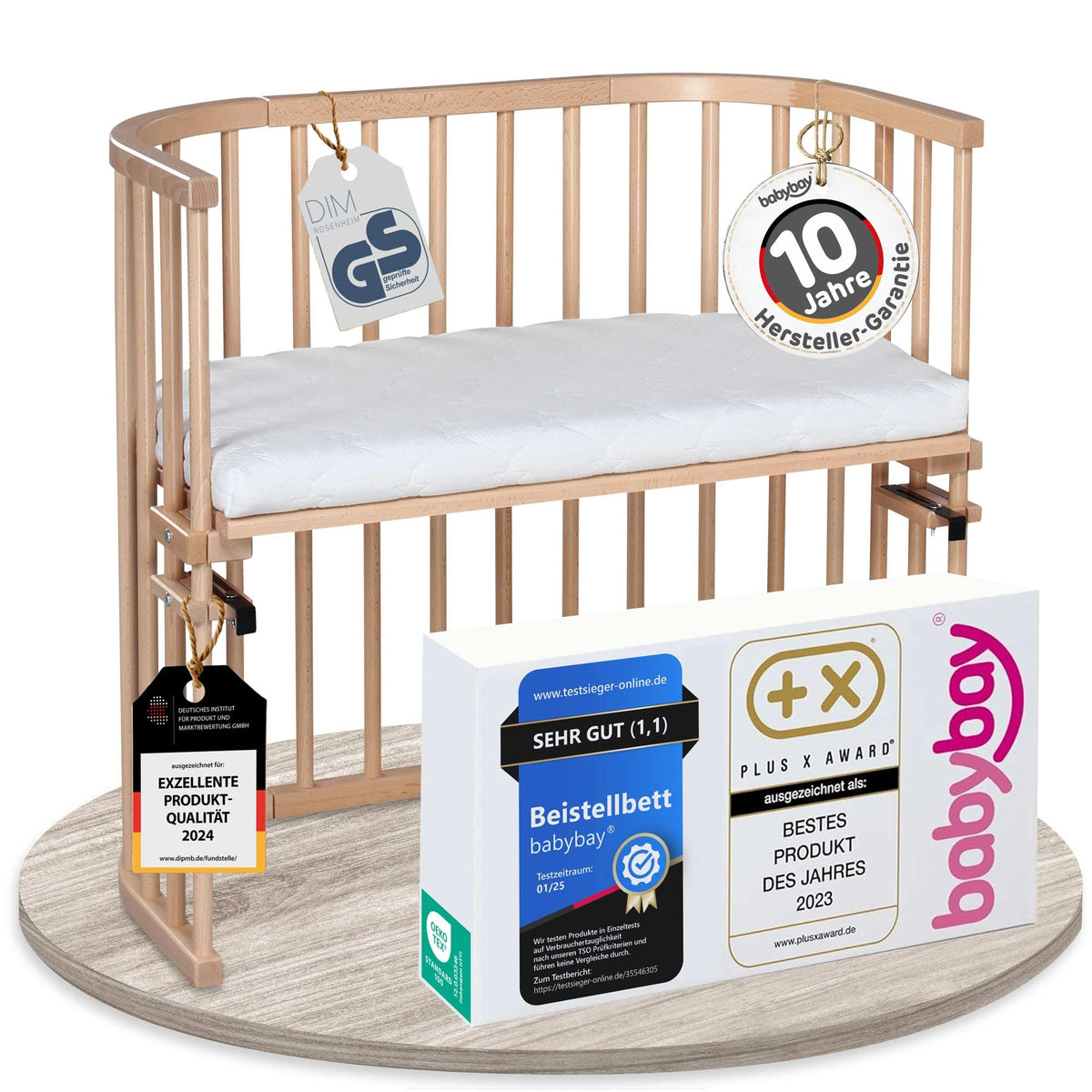 babybay Original Beistellbett aus massivem Buchenholz mit Matratze, höhenverstellbares Babybett für Neugeborene