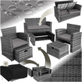 tectake Polyrattan Gartenmöbel Set 4 Personen mit Hocker & Auflagenbox – Garten Lounge Set mit Sofa, Tisch & Kissen für Balkon und Terrasse