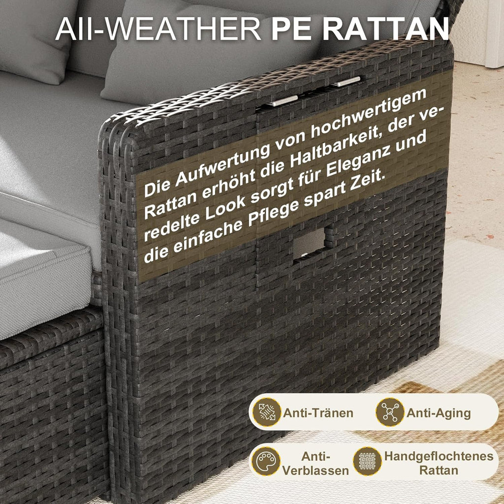 UDPATIO Rattan Lounge Sofa 2-Sitzer Grau mit Hocker & Stauraum, verstellbare Rückenlehne, Gartenmöbel Set aus PE-Rattan für Balkon & Terrasse