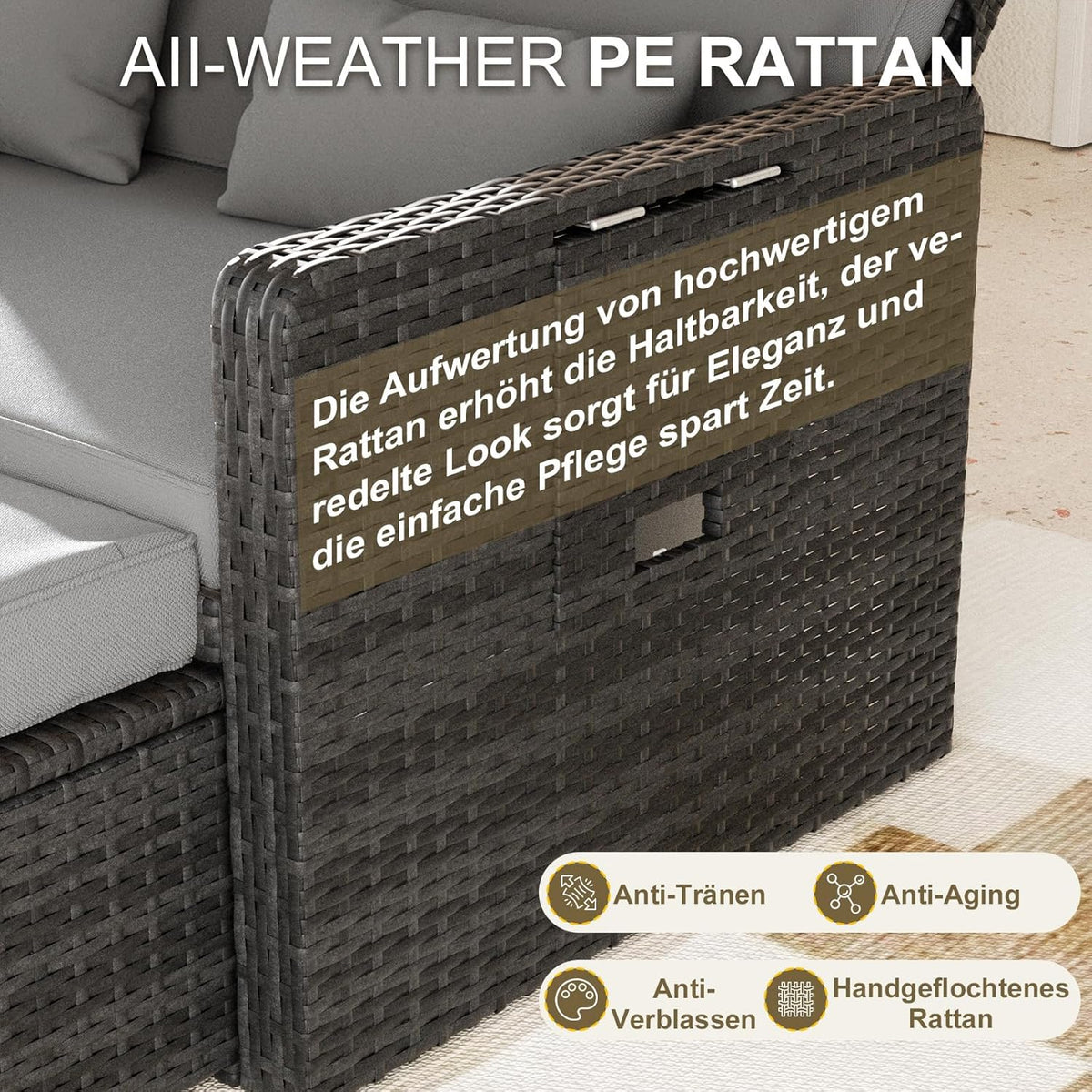 UDPATIO Rattan Lounge Sofa 2-Sitzer Grau mit Hocker & Stauraum, verstellbare Rückenlehne, Gartenmöbel Set aus PE-Rattan für Balkon & Terrasse