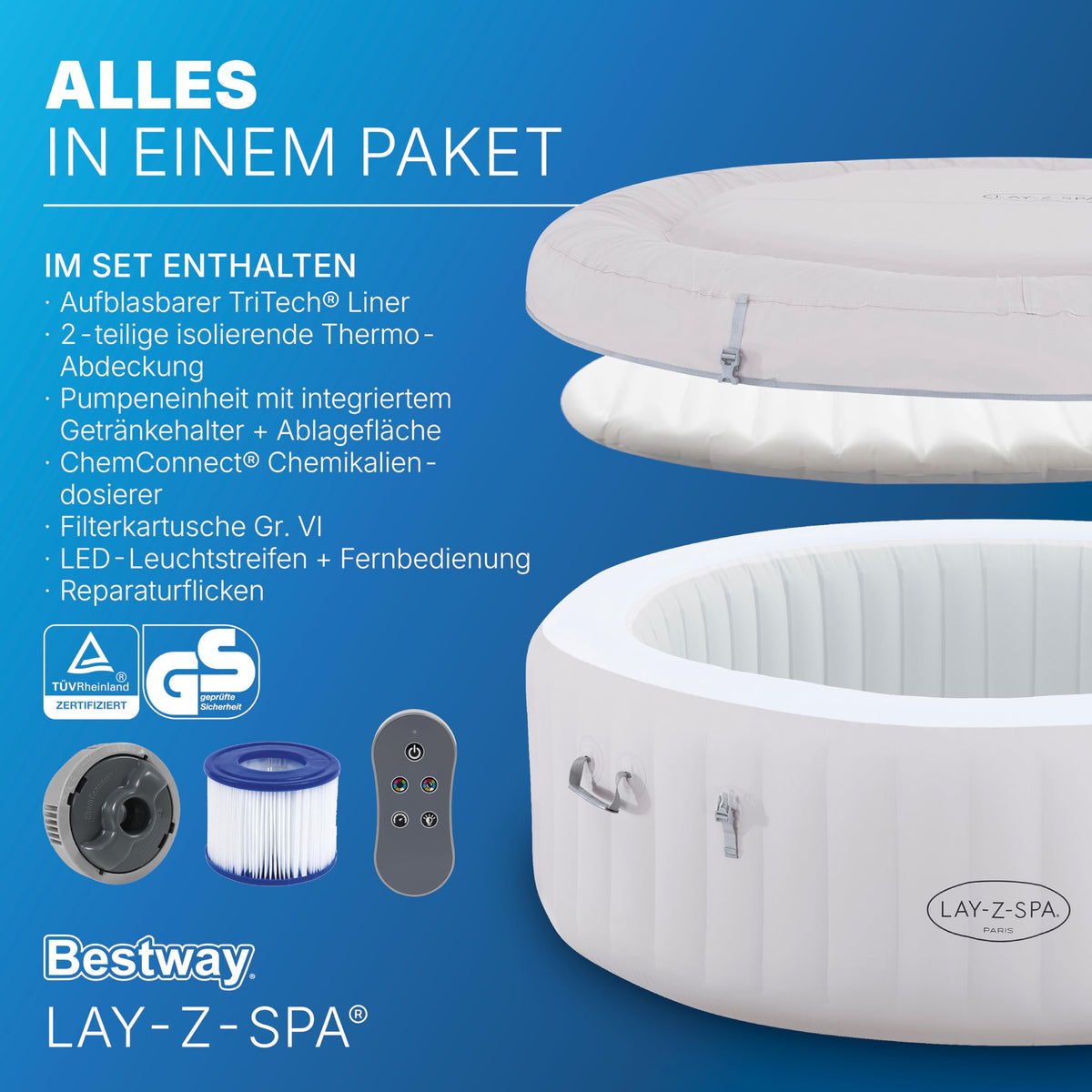 Bestway Lay-Z-SPA Paris AirJet LED-Whirlpool Ø 196 x 66 cm – Aufblasbarer Spa für 6 Personen mit 140 Düsen, beheizbar bis 40°C, stimmungsvolle LED-Beleuchtung für den Garten