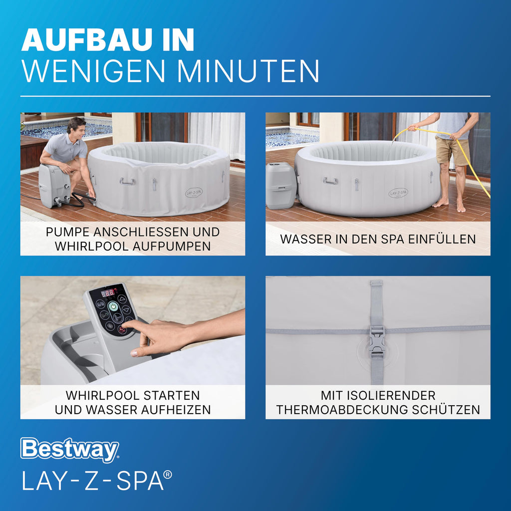 Bestway Lay-Z-SPA Paris AirJet LED-Whirlpool Ø 196 x 66 cm – Aufblasbarer Spa für 6 Personen mit 140 Düsen, beheizbar bis 40°C, stimmungsvolle LED-Beleuchtung für den Garten