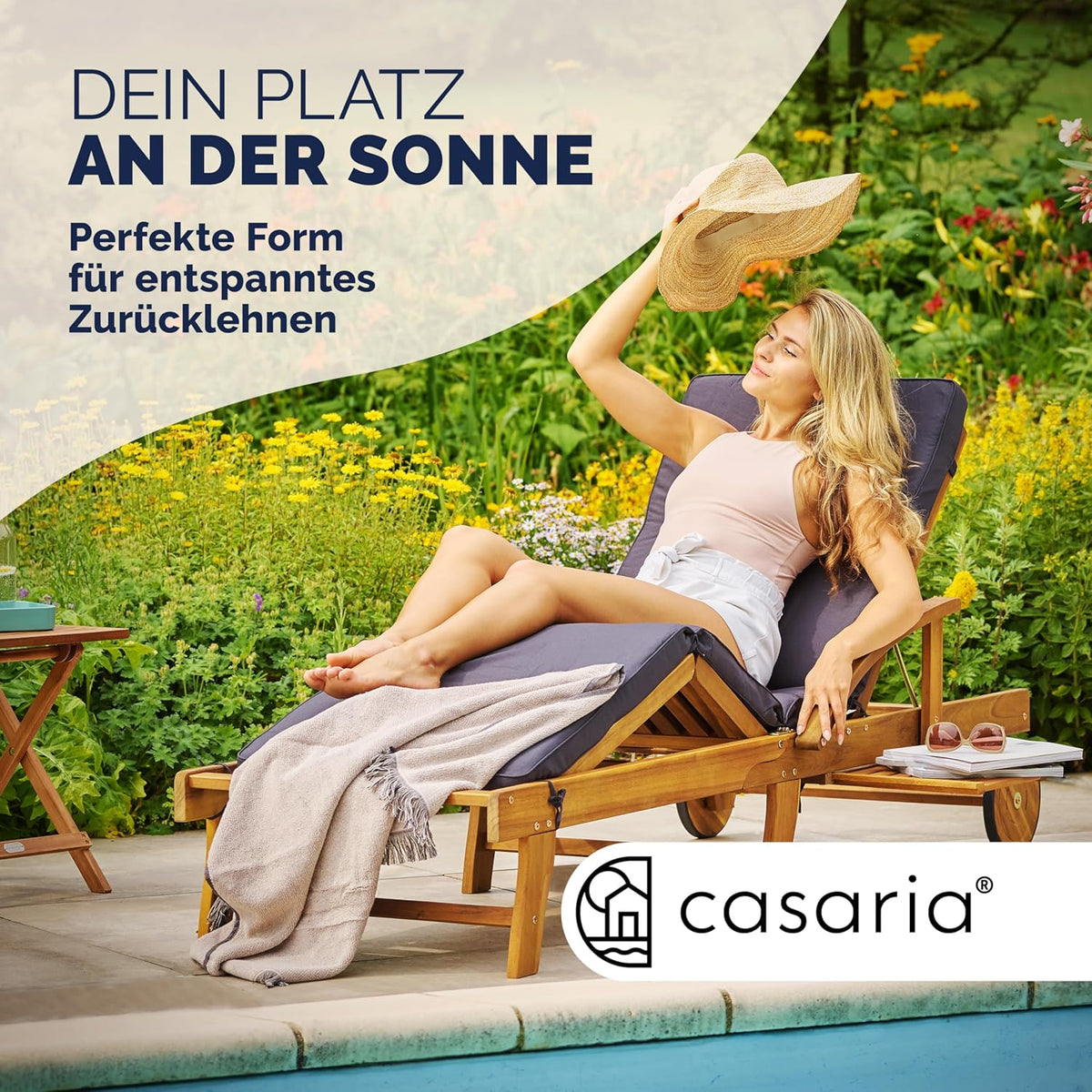 Casaria Sonnenliege 2er Set Akazienholz Braun – Klappbare Gartenliege mit Rädern, Ausziehtisch & verstellbarer Rückenlehne