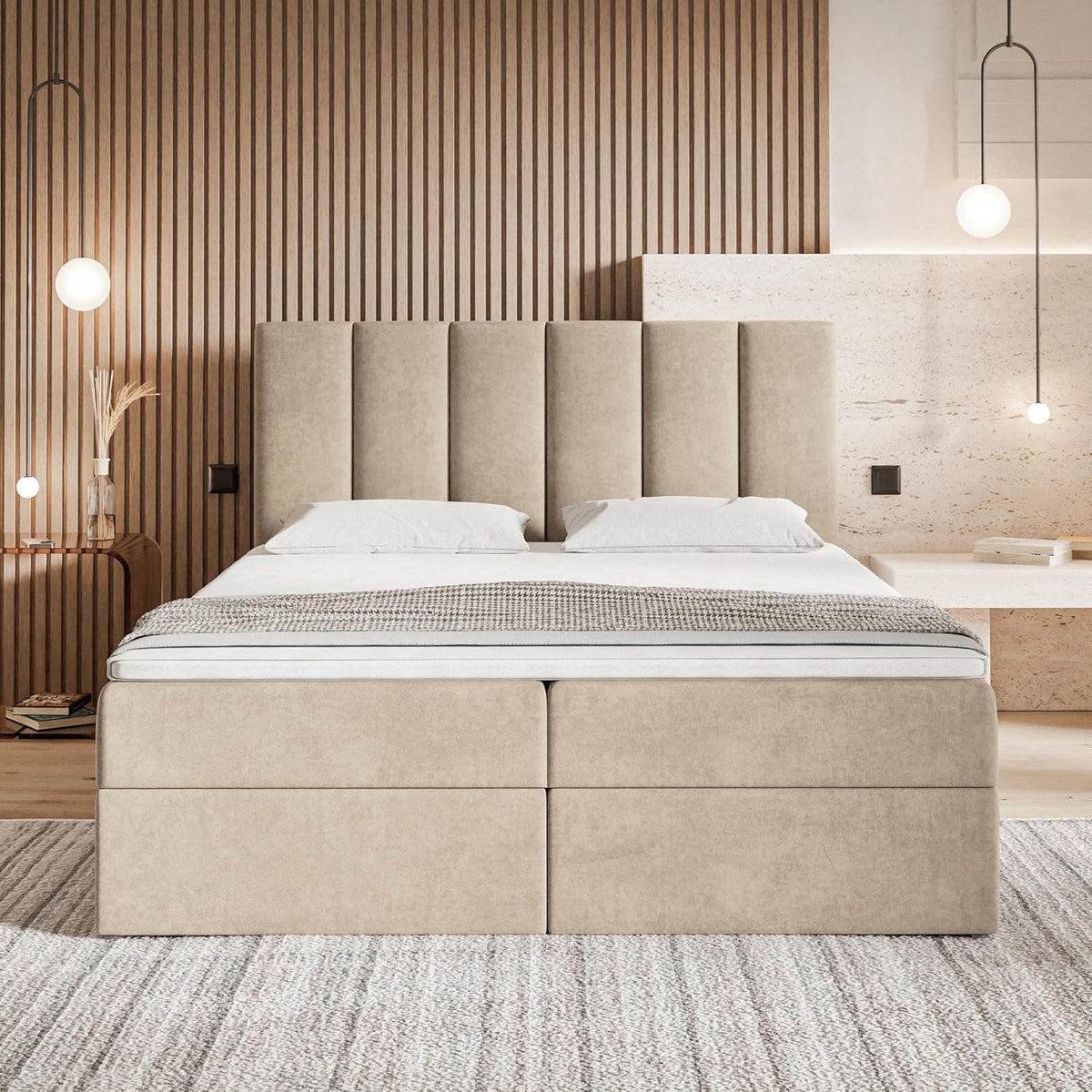 Motivena Santiago Boxspringbett 160x200 Beige Samt mit Bettkasten – Matratze H4 & Topper H3, Polsterbett mit Kopfteil