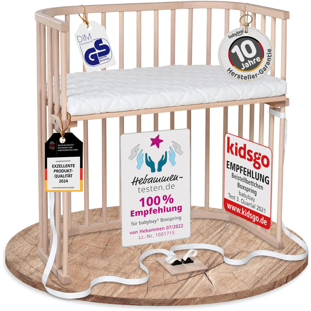 babybay Original Beistellbett aus massivem Buchenholz mit Matratze, höhenverstellbares Babybett für Neugeborene