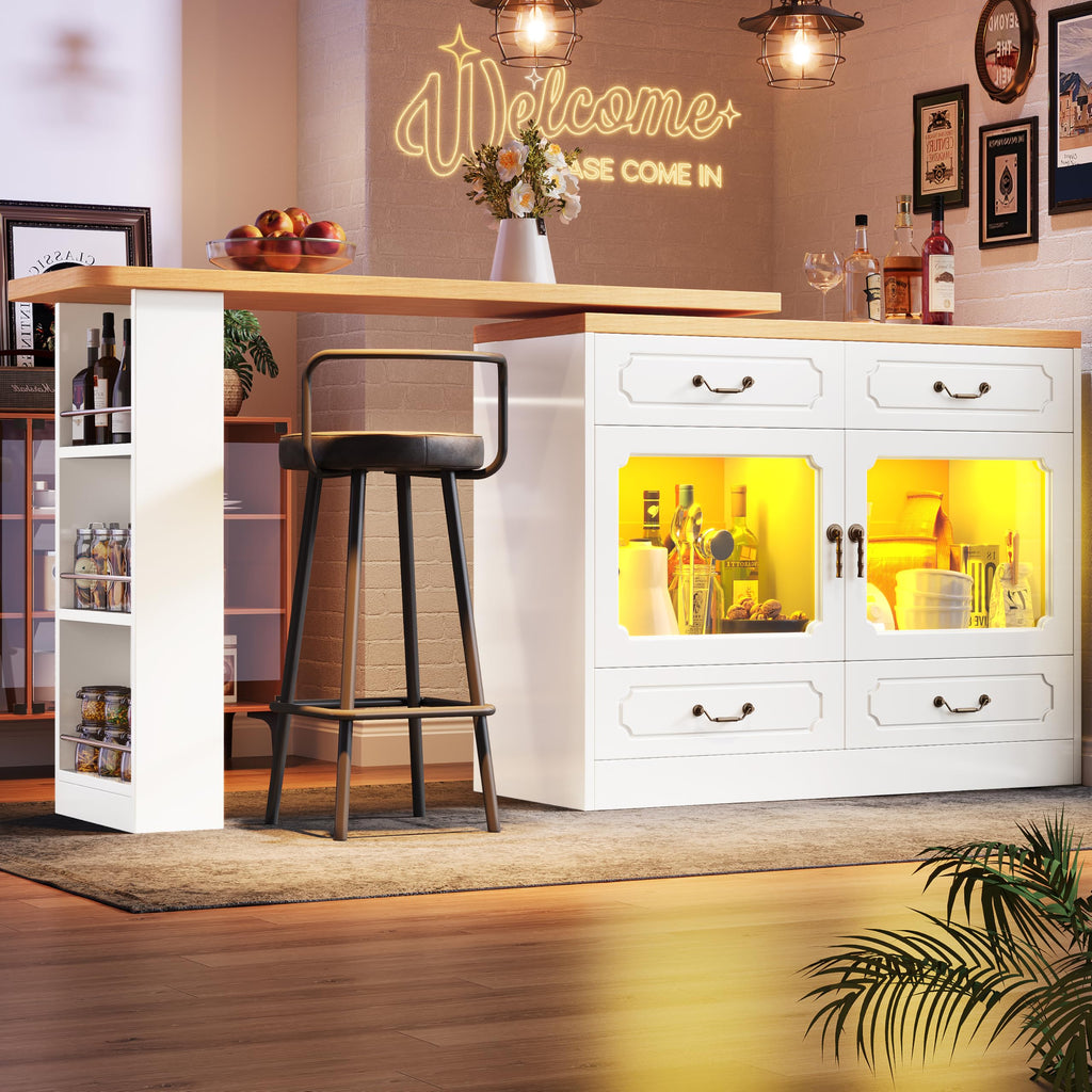 Merax Ausziehbarer Bartisch mit Stauraum, 360° drehbarer Beweglicher Bartisch Küchentheke Kücheninsel Kaffeeecke, mit Offene Ablagefächer, Glasschiebetür, Weiß/120-180 x 45 x 103 cm