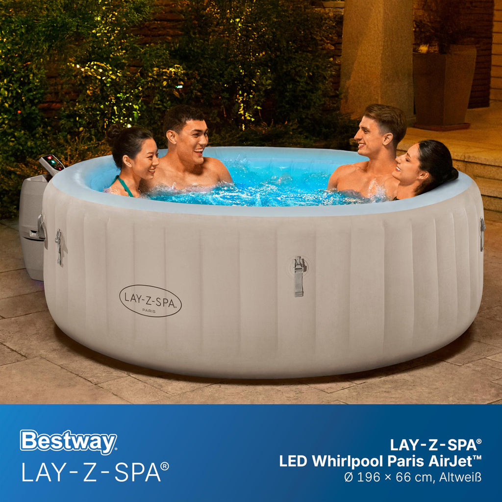 Bestway Lay-Z-SPA Paris AirJet LED-Whirlpool Ø 196 x 66 cm – Aufblasbarer Spa für 6 Personen mit 140 Düsen, beheizbar bis 40°C, stimmungsvolle LED-Beleuchtung für den Garten