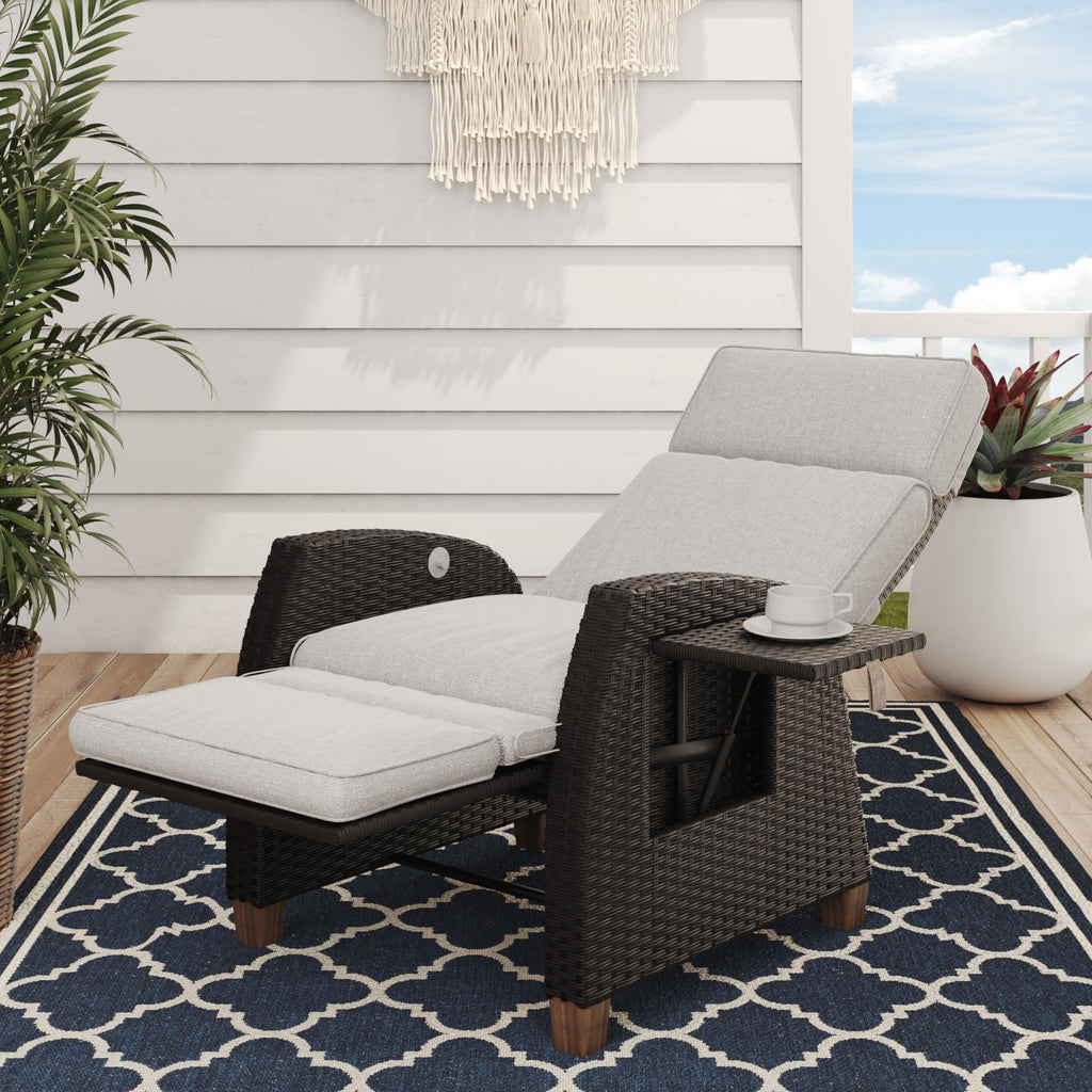 Grand patio Relaxliege Rattan Braun/Dunkelgrau, verstellbarer Liegesessel mit Sitzkissen & Beistelltisch, Garten & Terrasse