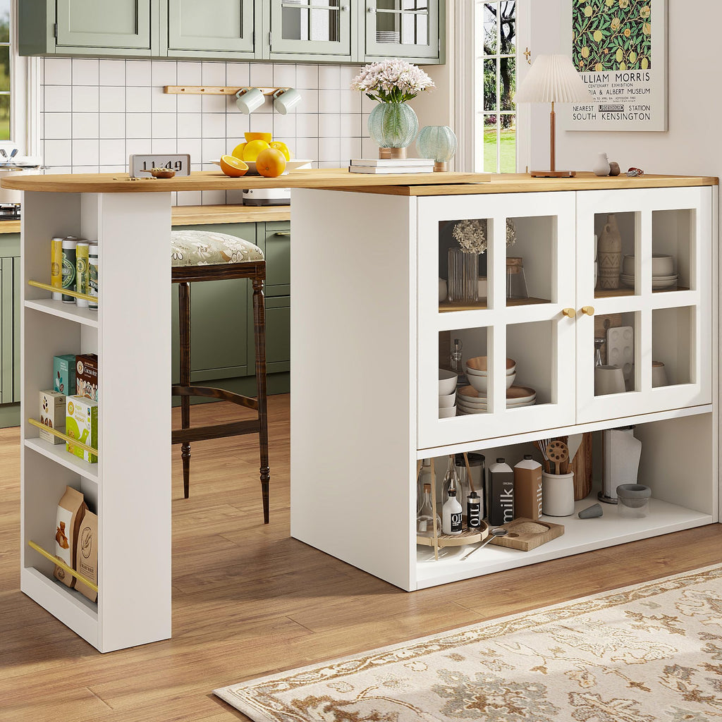 Merax Ausziehbarer Bartisch mit Stauraum, 360° drehbarer Beweglicher Bartisch Küchentheke Kücheninsel Kaffeeecke, mit Offene Ablagefächer, Glasschiebetür, Weiß/120-180 x 45 x 103 cm