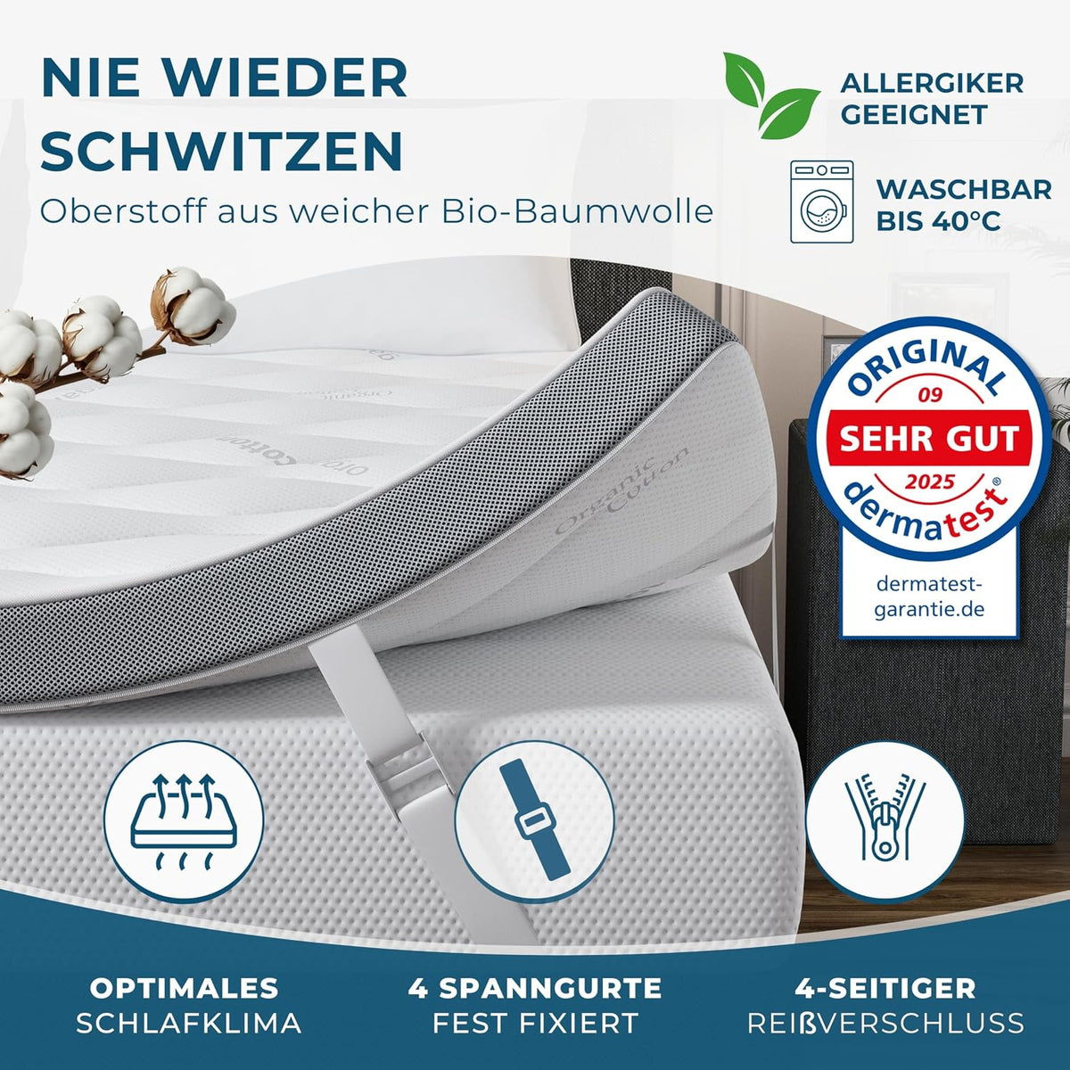 Deluxe Gel Topper 180x200cm | Oberstoff aus 100% Bio-Baumwolle | wolkenweicher 7-Zonen Matratzentopper 180x200cm | Hohes RG 50 | 8cm Matratzen Topper 180x200 |Luxus Matratzenauflage Geltopper