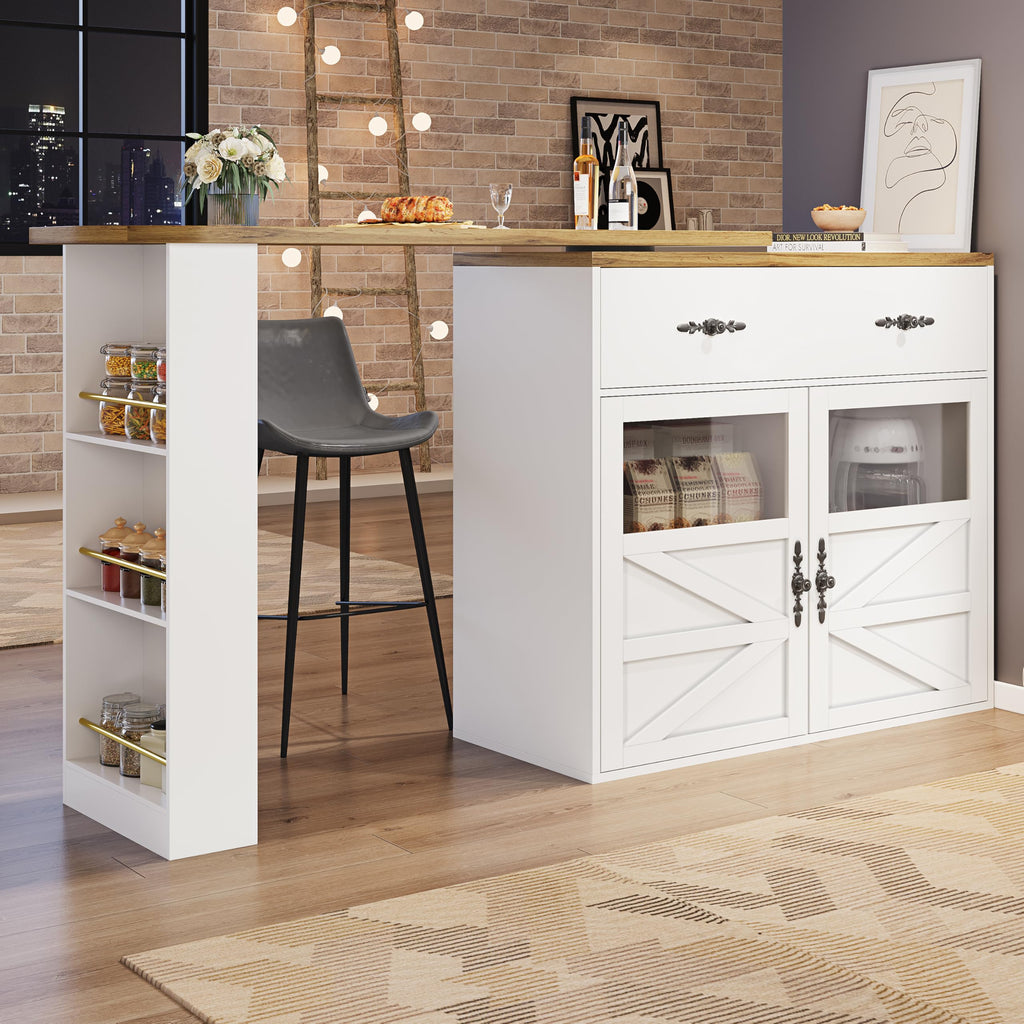 Merax Ausziehbarer Bartisch mit Stauraum, 360° drehbarer Beweglicher Bartisch Küchentheke Kücheninsel Kaffeeecke, mit Offene Ablagefächer, Glasschiebetür, Weiß/120-180 x 45 x 103 cm
