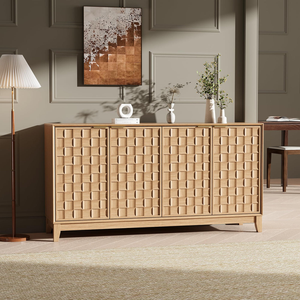 COLAMY Sideboard 150 cm Holz mit Stauraum – Modernes Sideboard für Wohnzimmer, Küchenschrank mit verstellbaren Einlegeböden, Buffet Schrank mit 3D Holzfront, Walnut