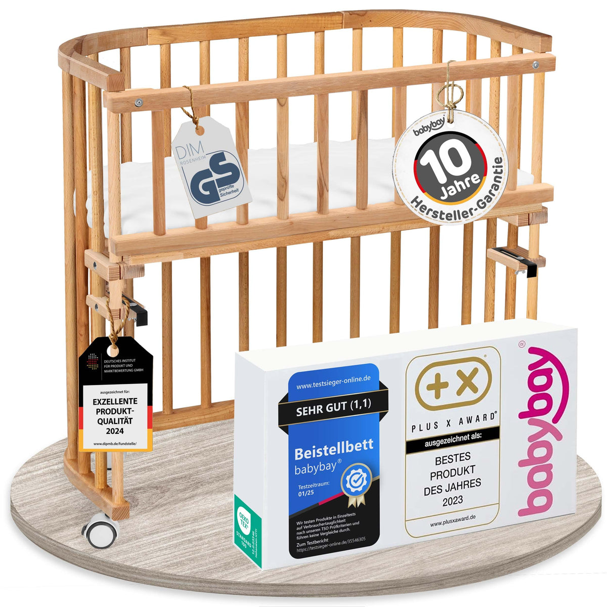 babybay Original Beistellbett aus massivem Buchenholz mit Matratze, höhenverstellbares Babybett für Neugeborene