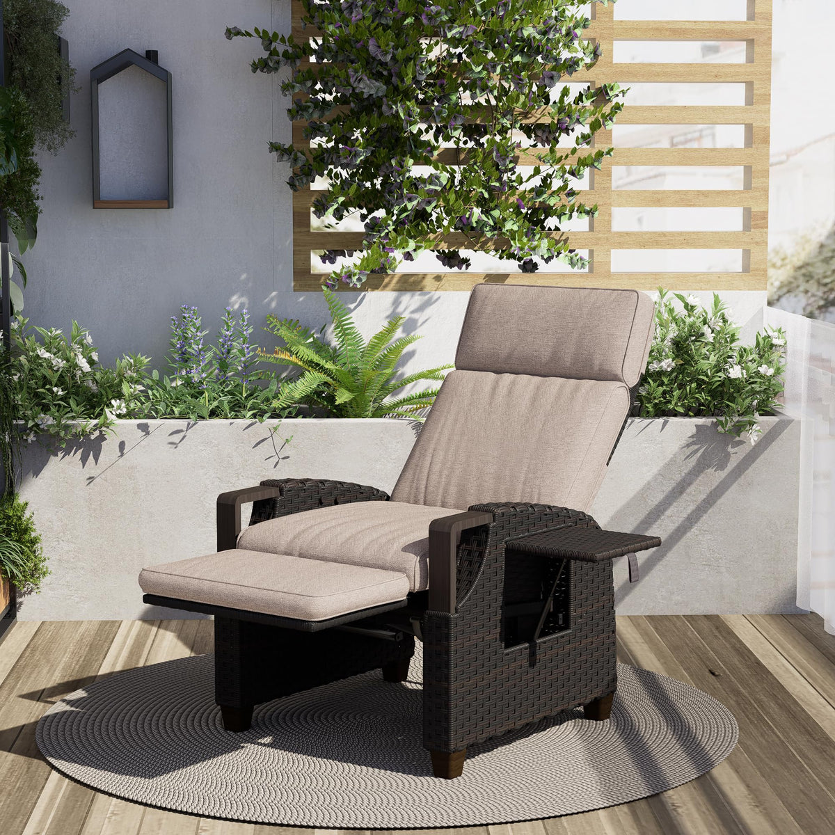 Grand patio Relaxliege Rattan Braun/Dunkelgrau, verstellbarer Liegesessel mit Sitzkissen & Beistelltisch, Garten & Terrasse
